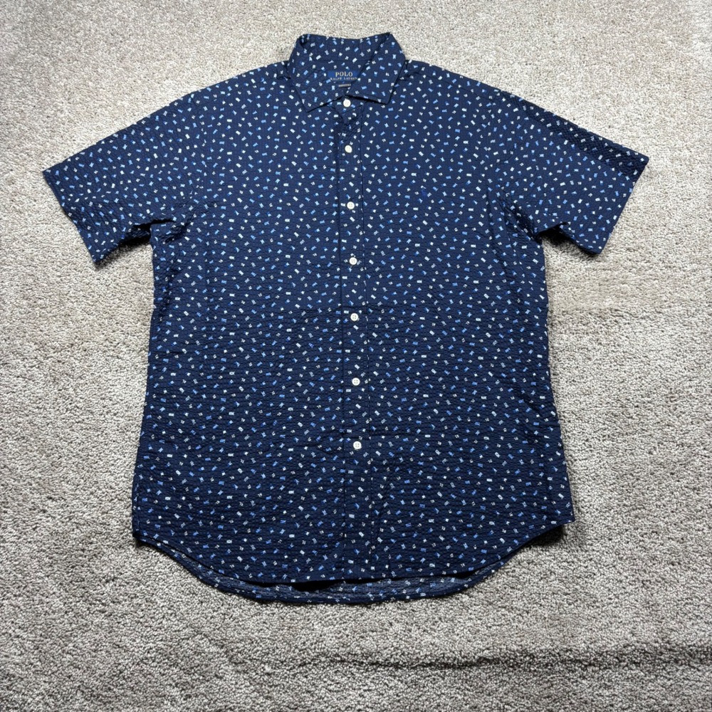 Polo Ralph Lauren Mens Large Seersucker Nautical Flag Short Sleeve Button Shirt